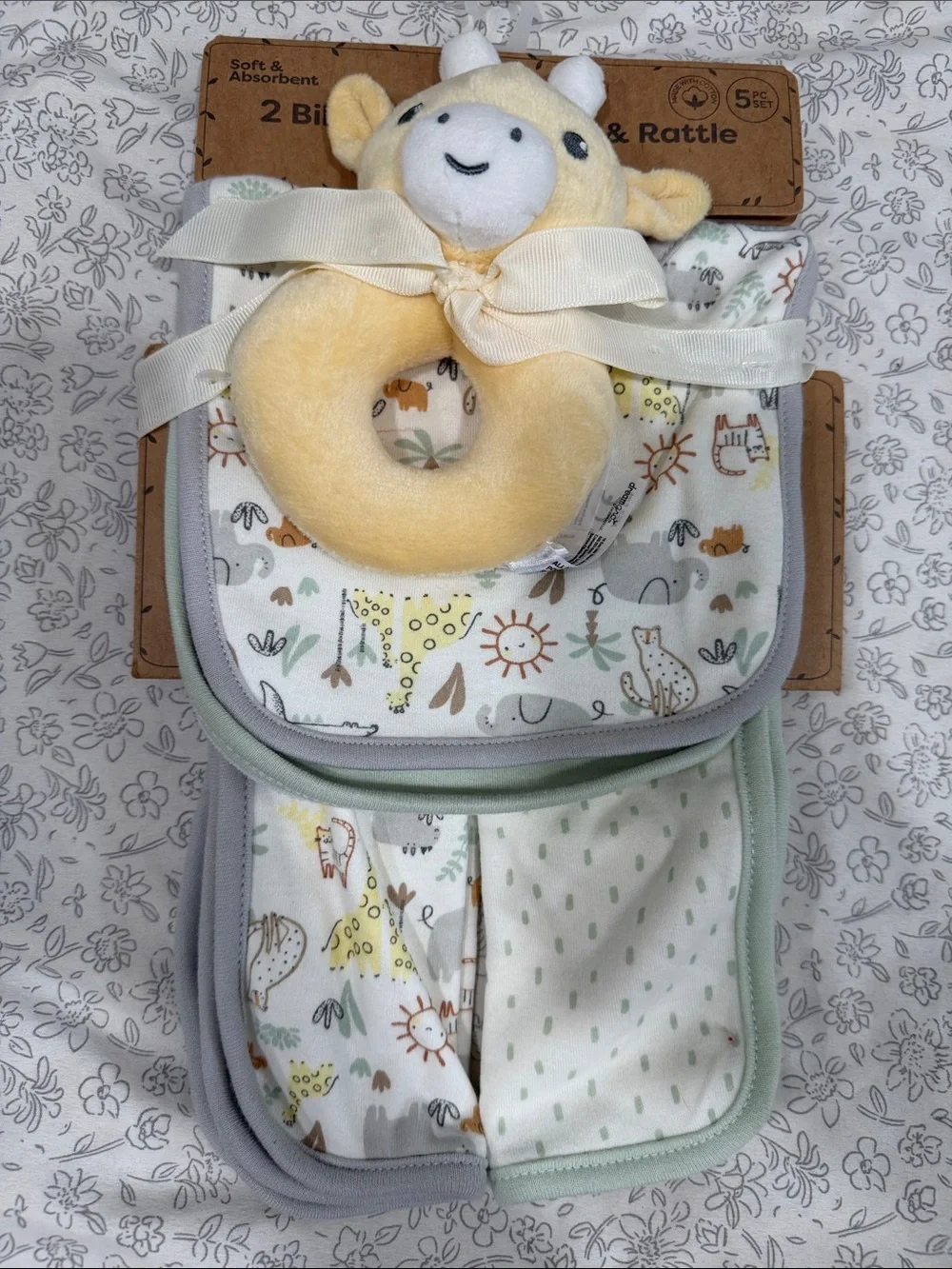Baby Giraffe Ring Rattle & Bib Set - Yellow/Gray